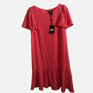 DKYN Women Pink Scoop Neck Cap Sleeves Zipper Back Ruffles Hem Dress Size 10 New
